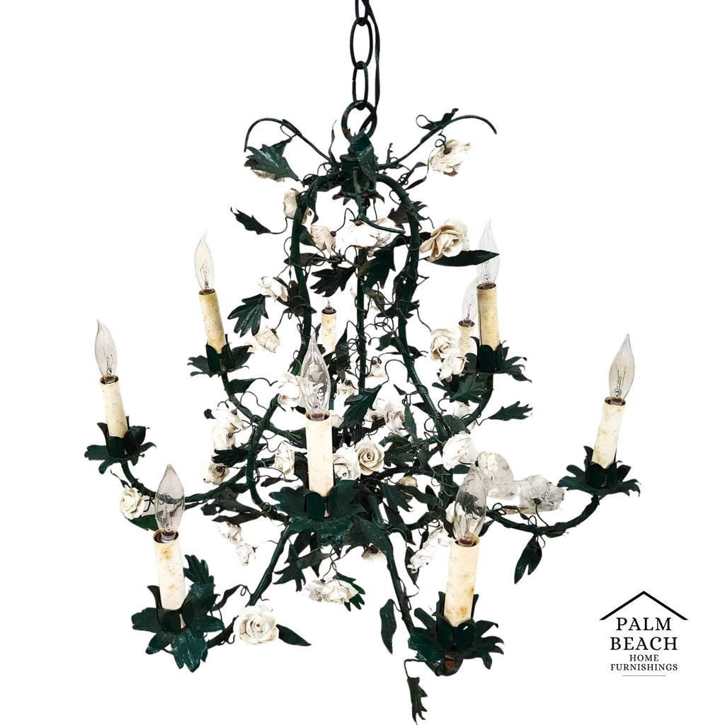 Antique French Floral Porcelaine de Saxe Tole Chandelier