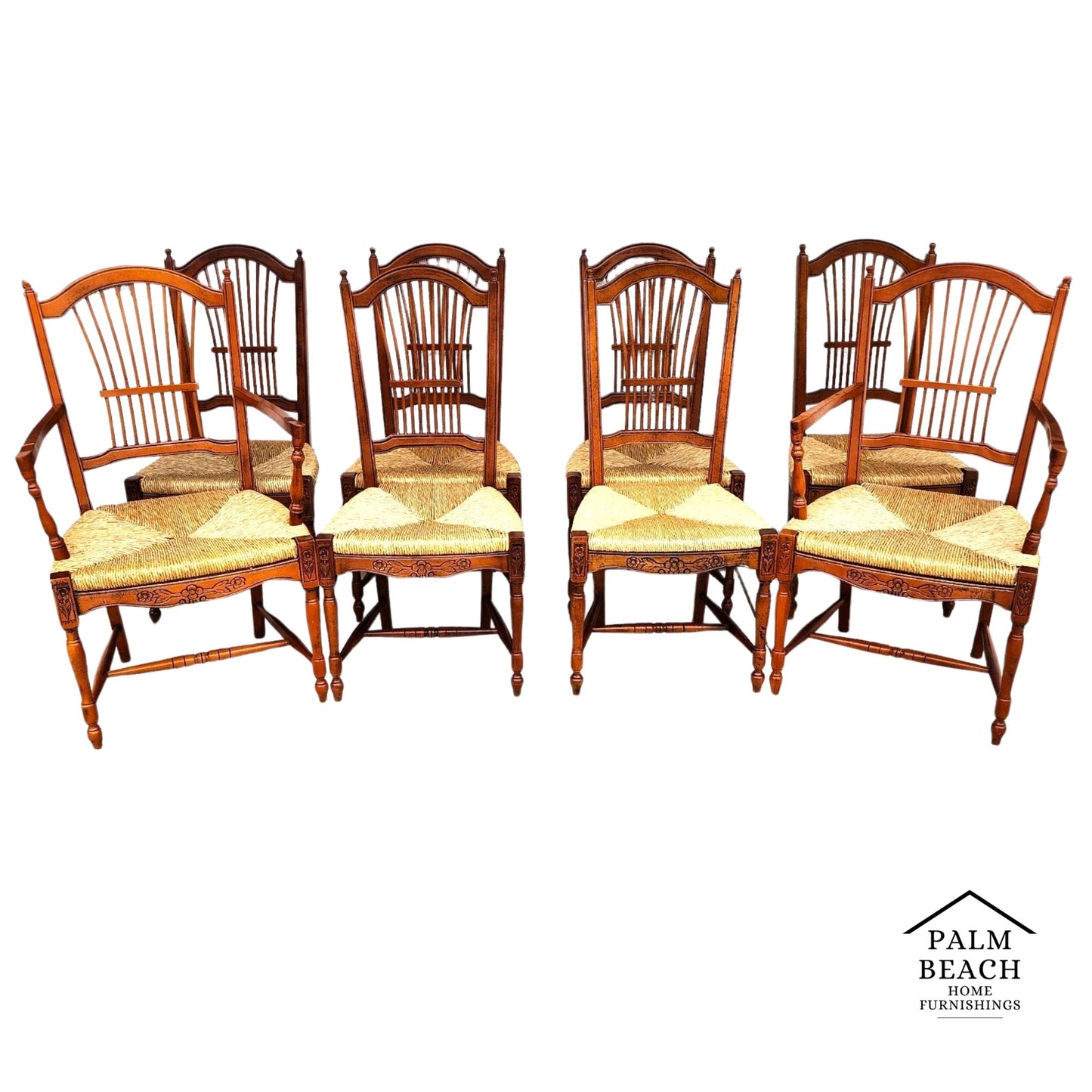 French Country Dining Chairs Rush Seats Wheat Backs with Cushions Set of 8