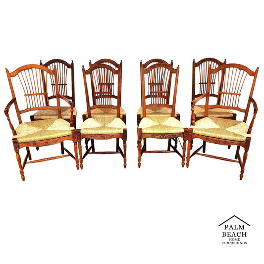 French Country Dining Chairs Rush Seats Wheat Backs with Cushions Set of 8