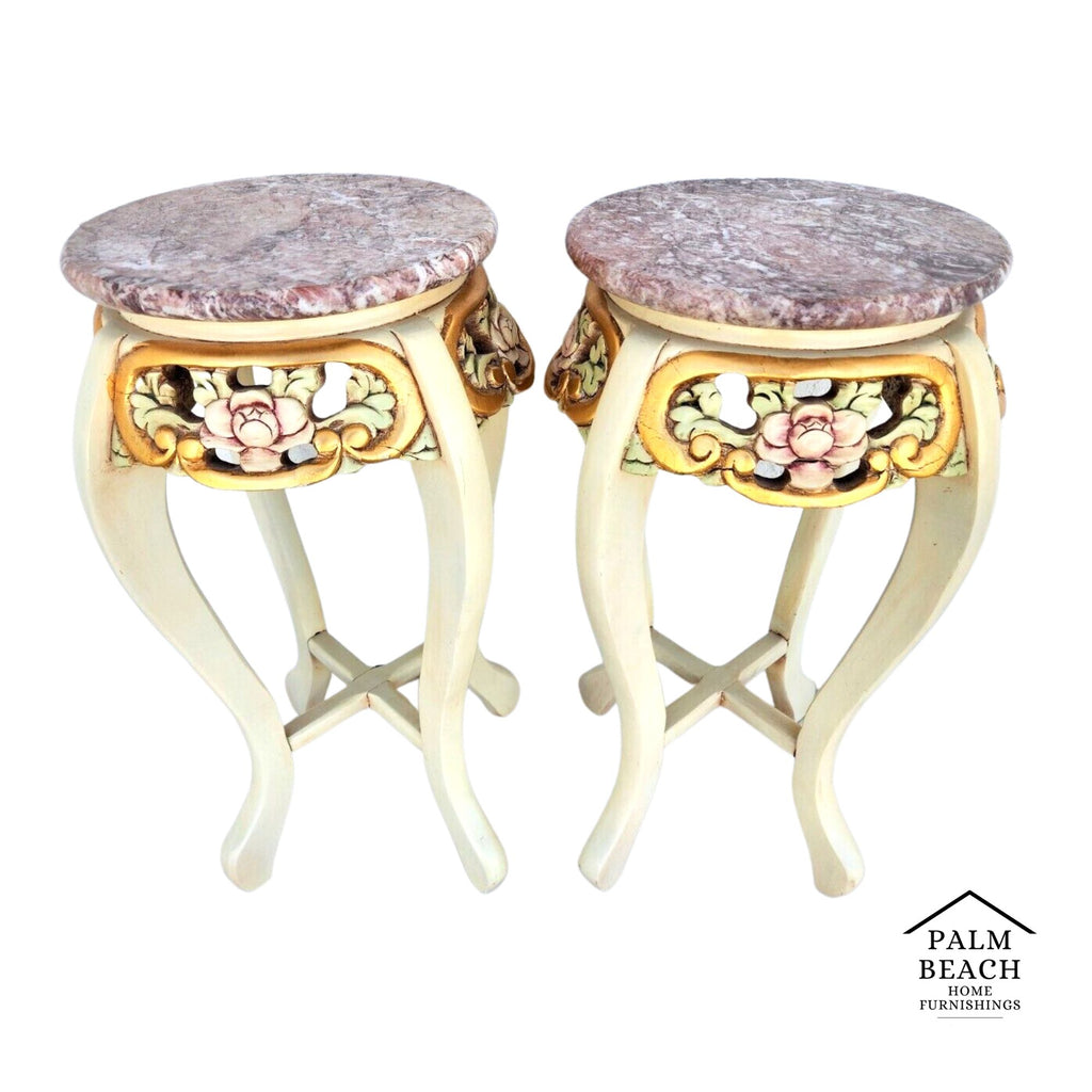 French Side Tables Gold Leaf Gilt Marble Tops