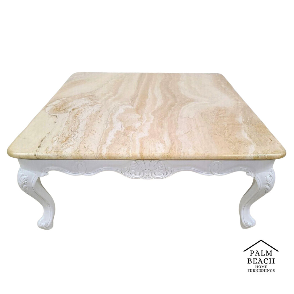 French Provincial Travertine Marble & Wood Cocktail Coffee Table