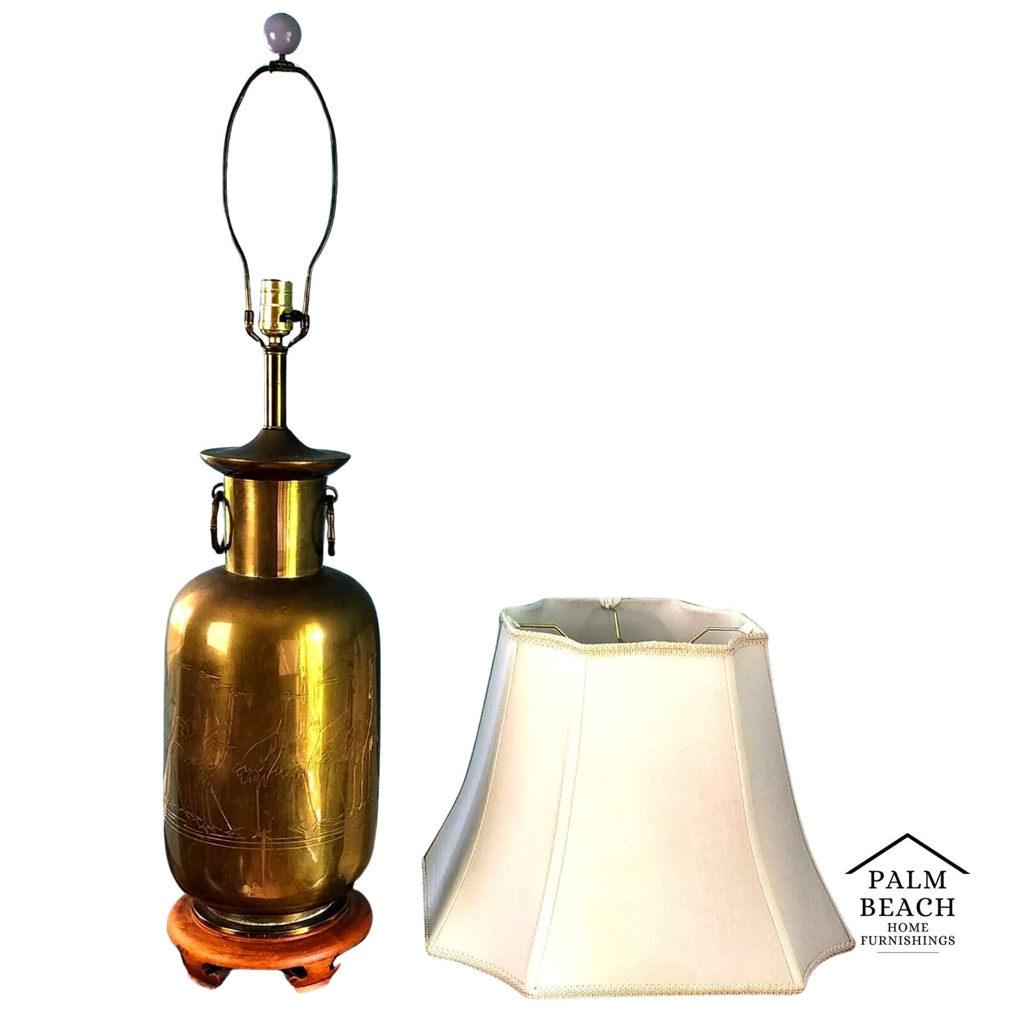 Vintage Asian Brass With Cranes Table Lamp