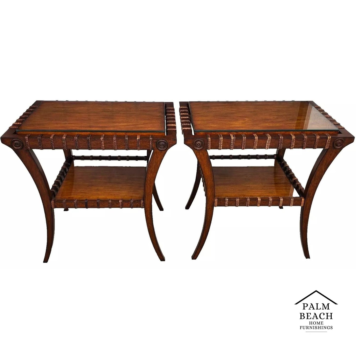 Vintage Teak Klismos Side Tables with Glass Pair