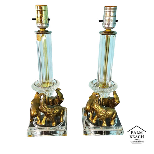 Vintage Crystal Brass Elephant Table Lamps Pair