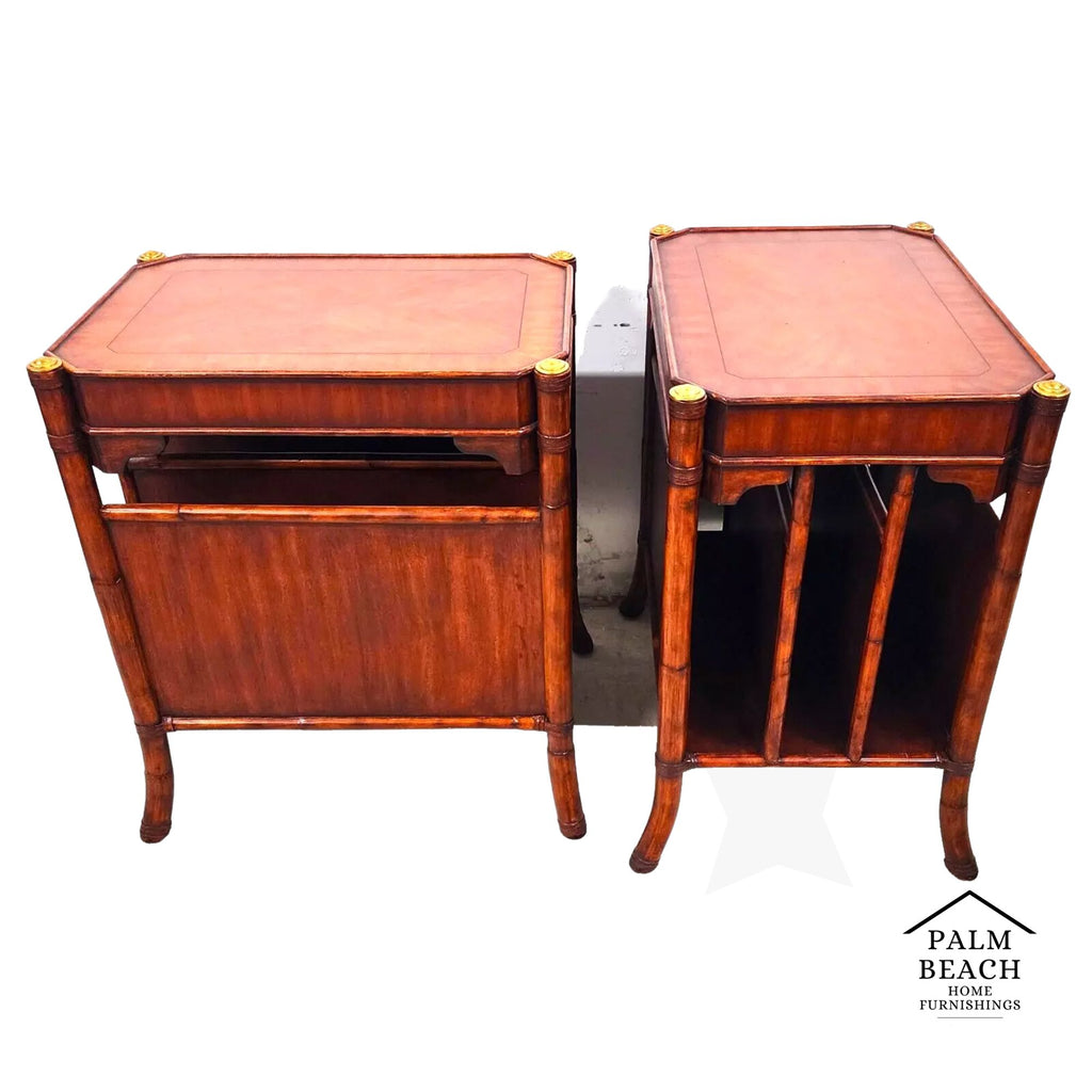 Mahogany Bamboo Rattan End Magazine Tables Pair