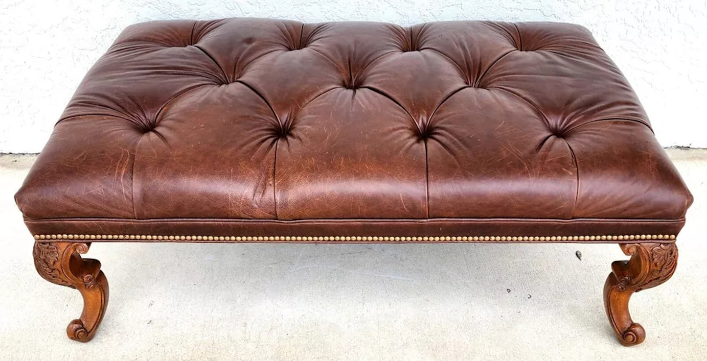 Ethan Allen English Chesterfield Leather Ottoman