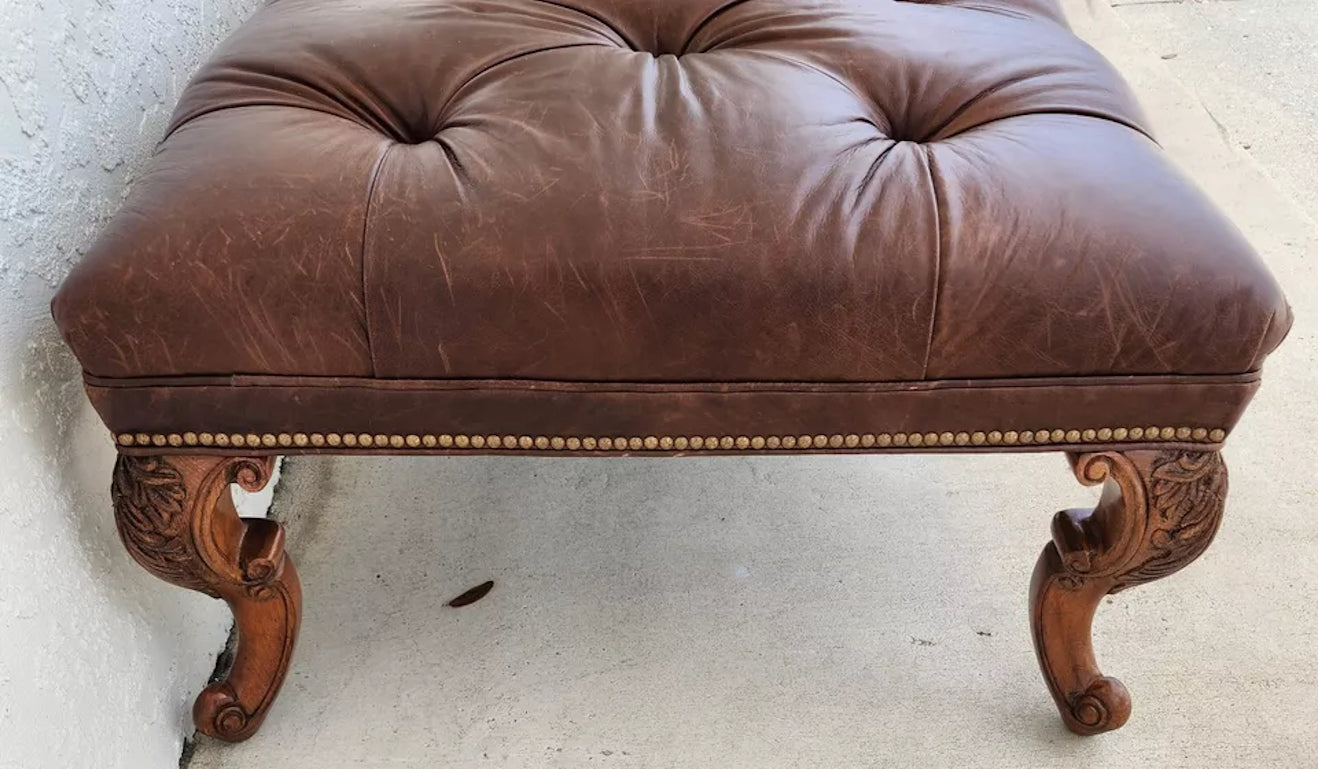 Ethan Allen English Chesterfield Leather Ottoman