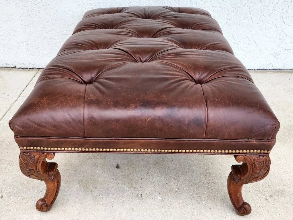 Ethan Allen English Chesterfield Leather Ottoman