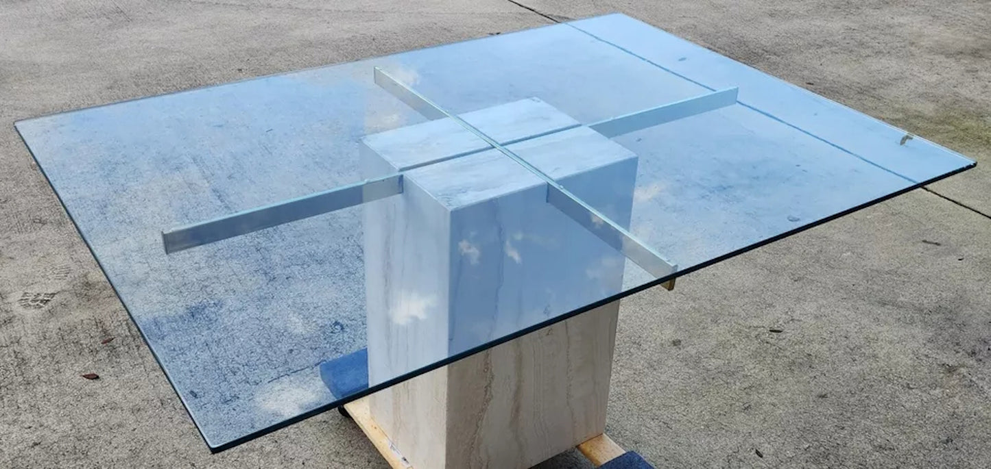 Ello Italian Dining Table Travertine & Glass 1970s
