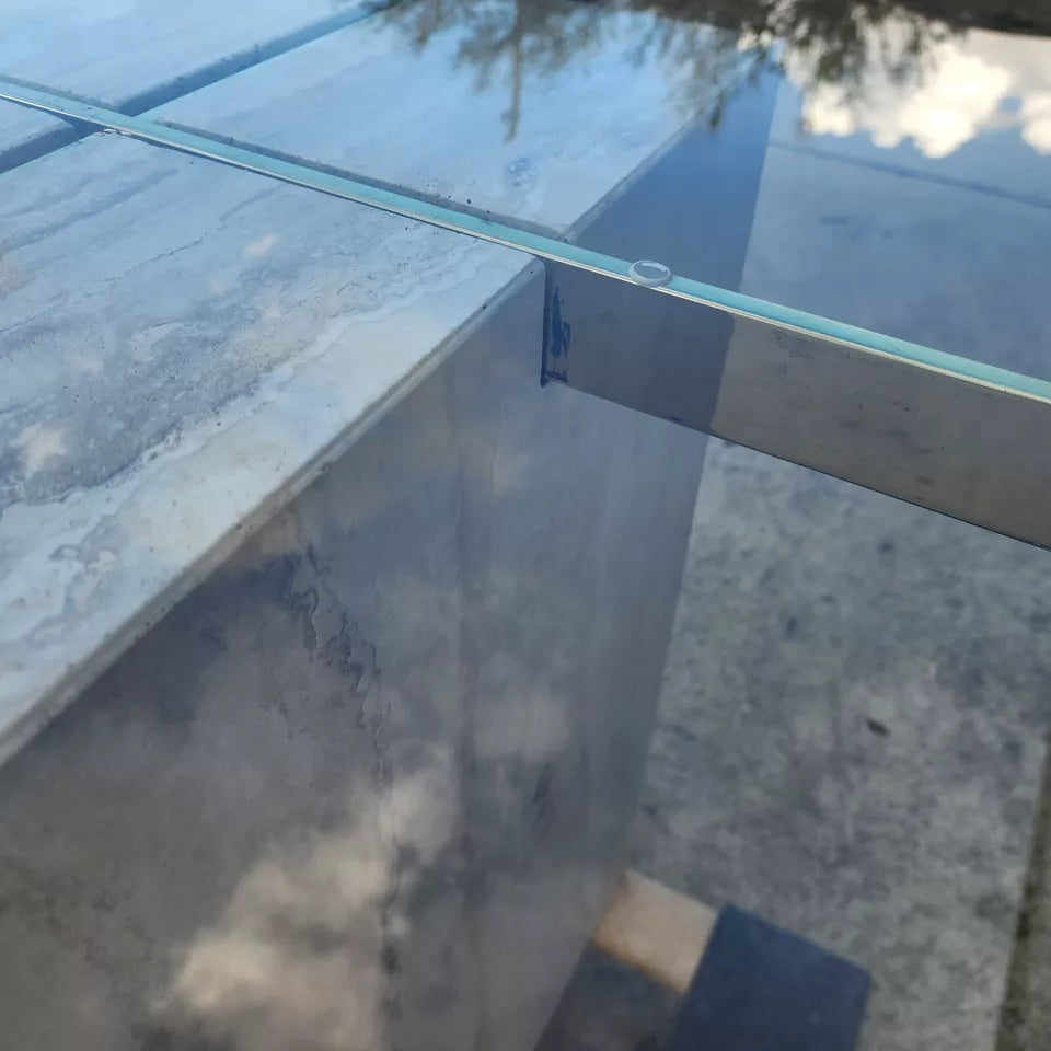 Ello Italian Dining Table Travertine & Glass 1970s