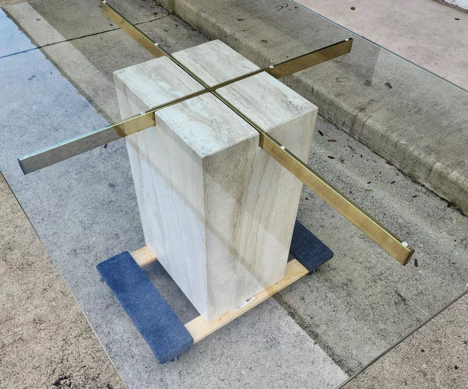 Ello Italian Dining Table Travertine & Glass 1970s