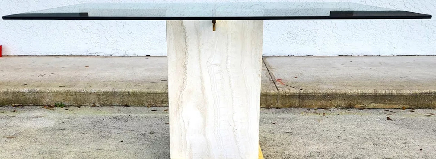 Ello Italian Dining Table Travertine & Glass 1970s