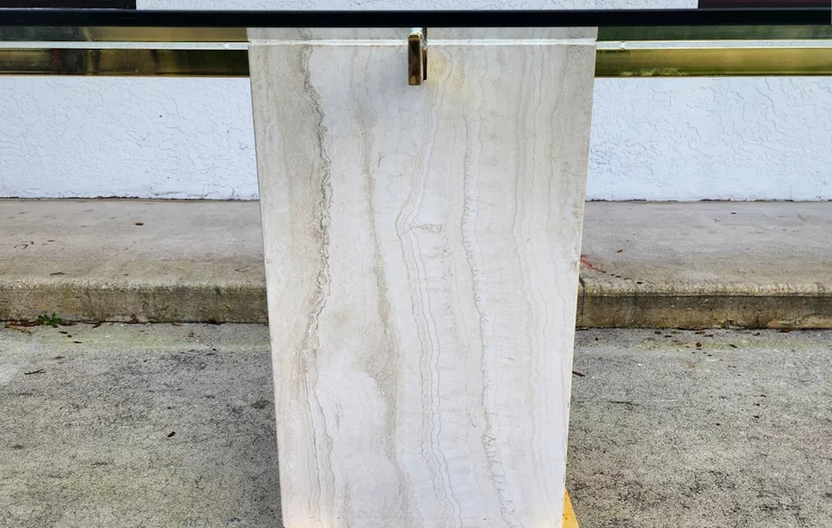 Ello Italian Dining Table Travertine & Glass 1970s
