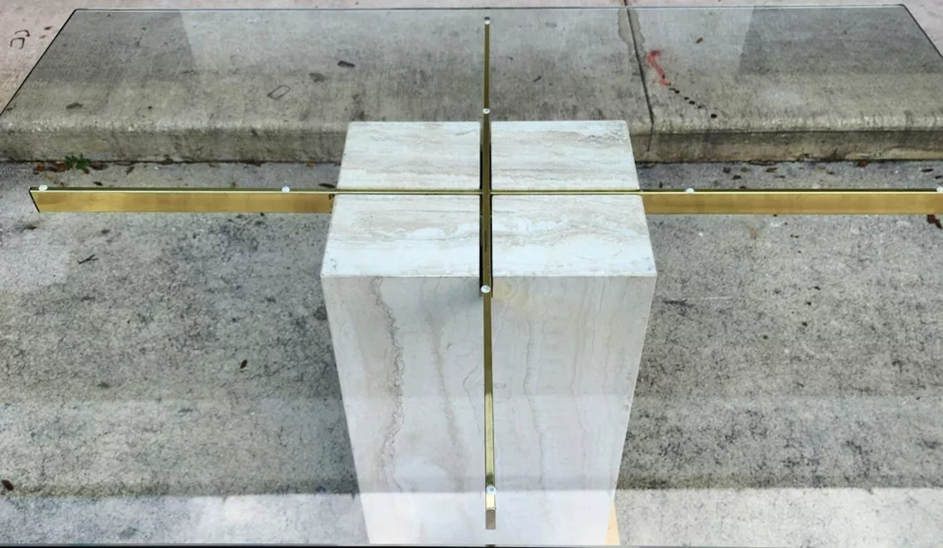 Ello Italian Dining Table Travertine & Glass 1970s