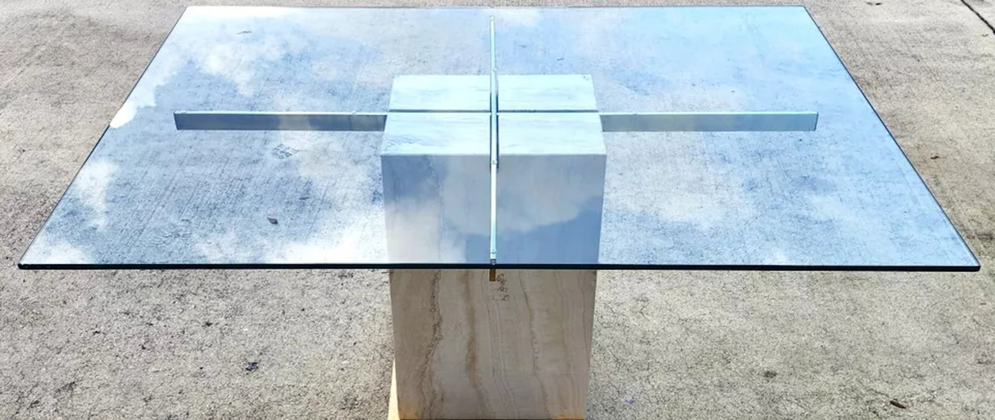 Ello Italian Dining Table Travertine & Glass 1970s