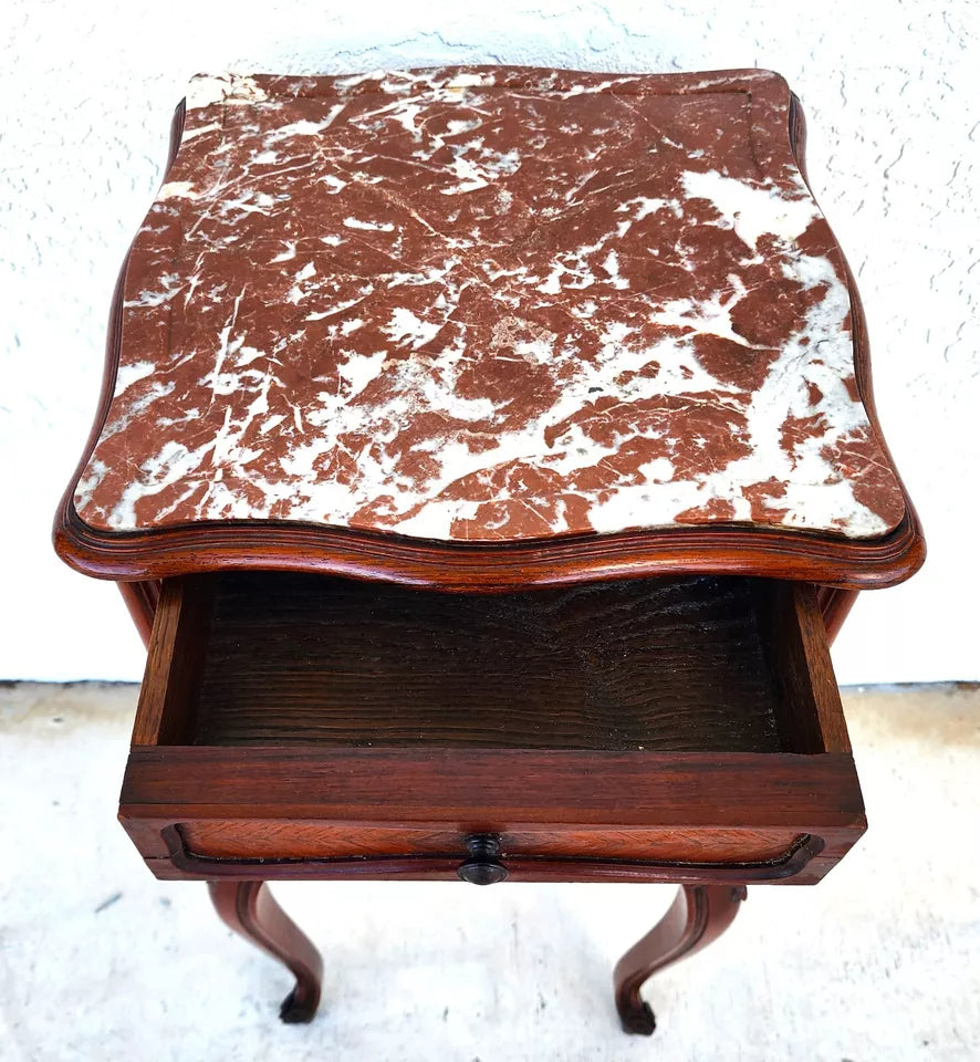 French Bedside Cabinet End Table Walnut & Marble