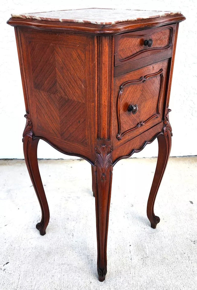 French Bedside Cabinet End Table Walnut & Marble