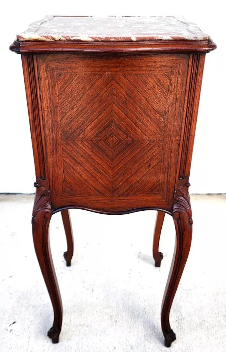 French Bedside Cabinet End Table Walnut & Marble