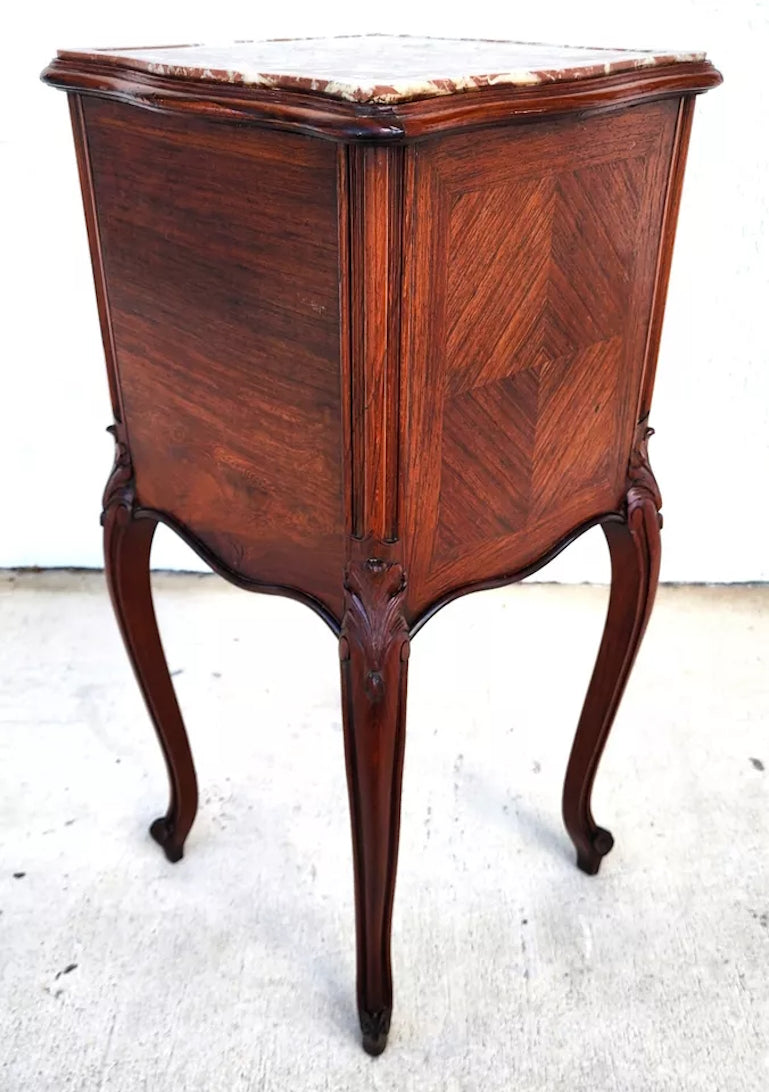 French Bedside Cabinet End Table Walnut & Marble