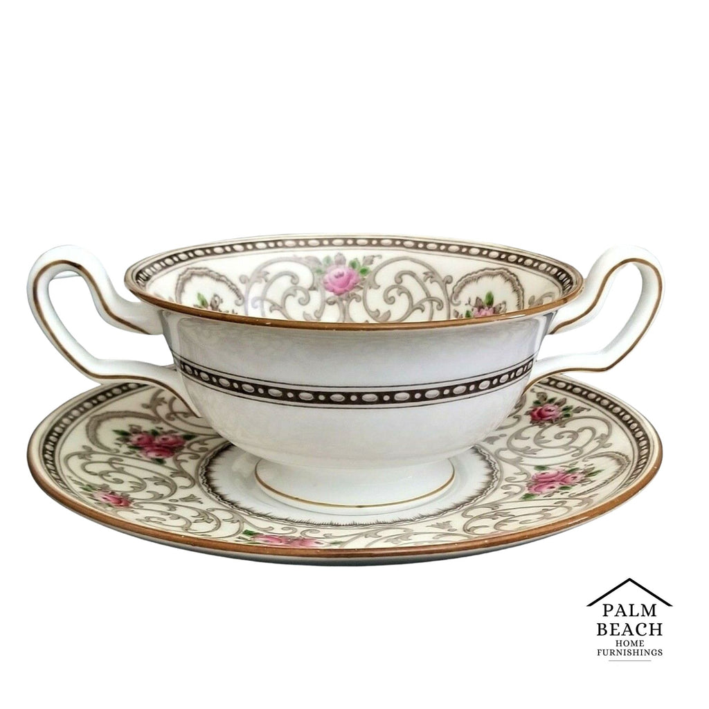 (1) WEDGWOOD Avondale Cream Soup Bowl with Plate Cream With Scrolls and Pink Roses