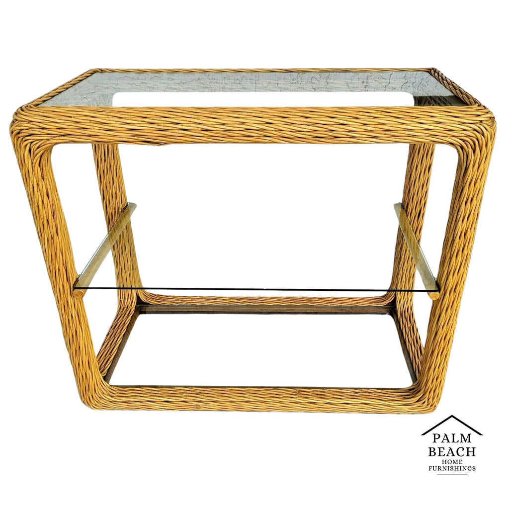 1970's Coastal Pencil Reed Bamboo Rattan Console Dry Bar