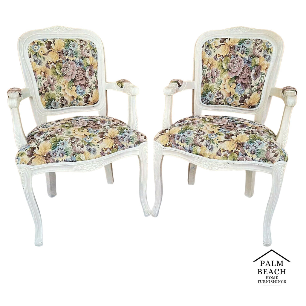 (2) Vintage Shabby Chic French Provincial Pearled Fauteuil Floral Tapestry Armchairs