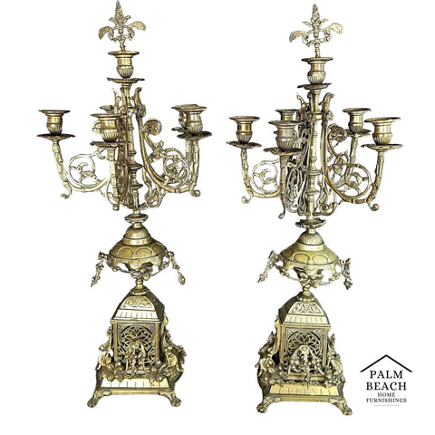 (2) Antique Italian Ornate Bronze French Louis XV Rococo 6 Point Candelabras