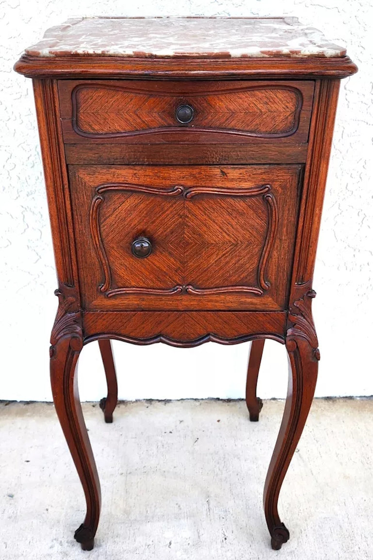 French Bedside Cabinet End Table Walnut & Marble