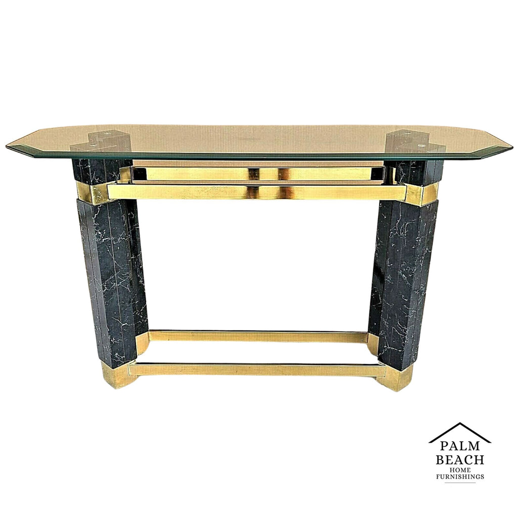 1980's Hollywood Regency Brass Faux Marble & Beveled Glass Console Table