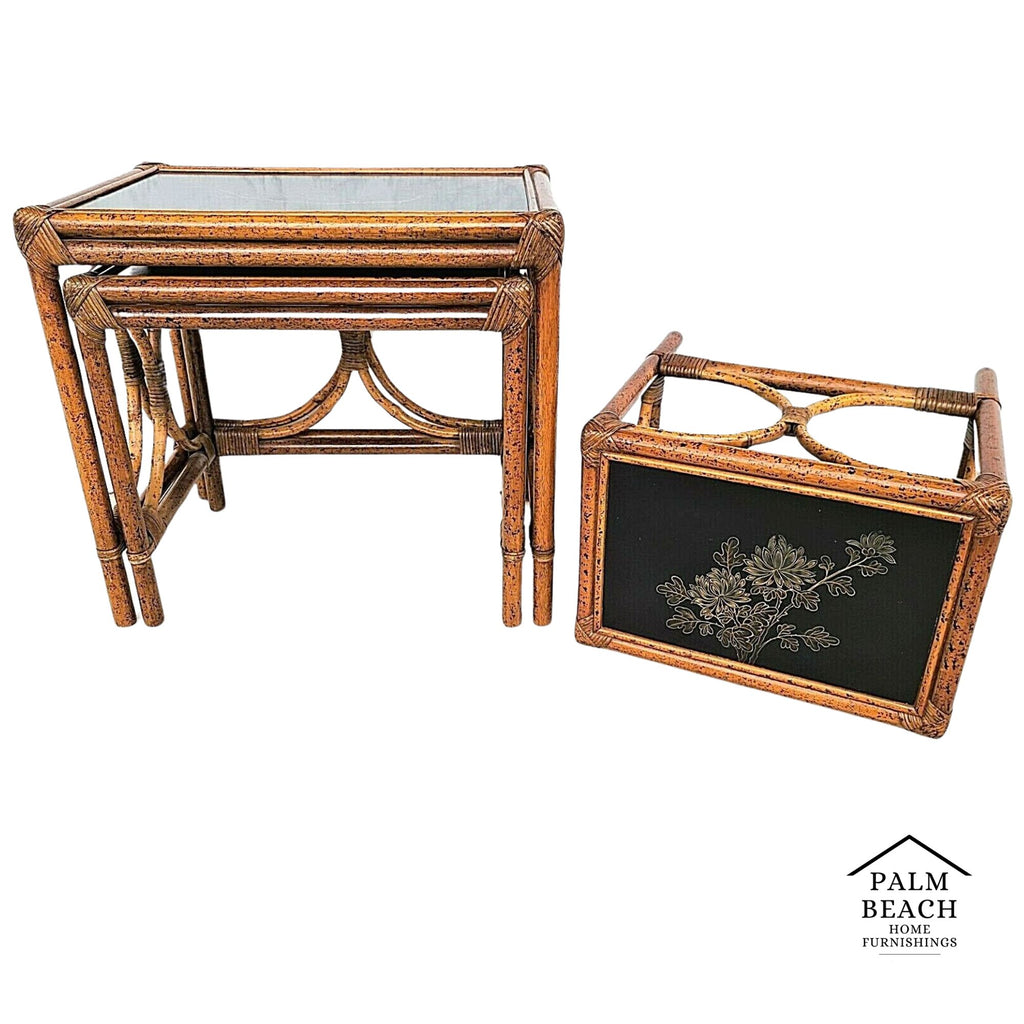 (3) Vintage Tiger Bamboo Rattan Nesting Tables