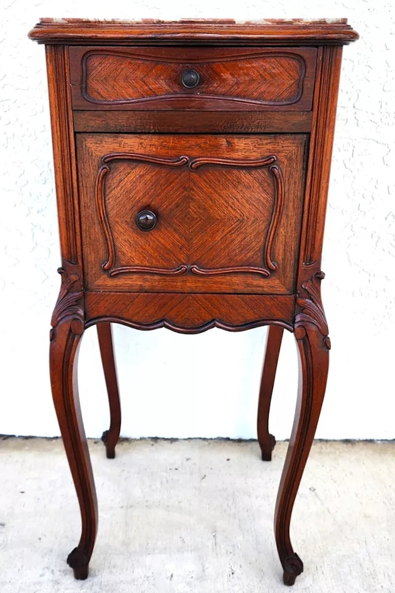 French Bedside Cabinet End Table Walnut & Marble