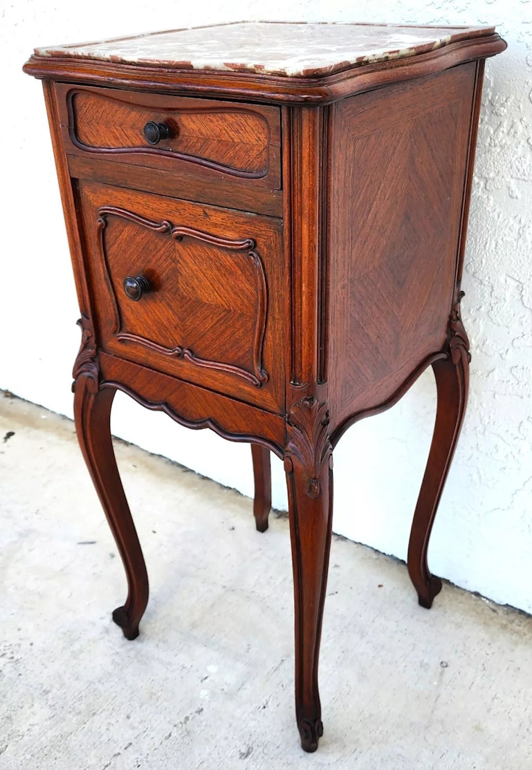 French Bedside Cabinet End Table Walnut & Marble