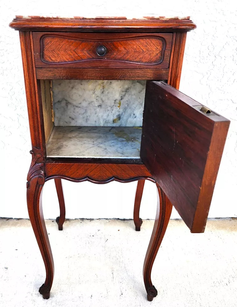 French Bedside Cabinet End Table Walnut & Marble