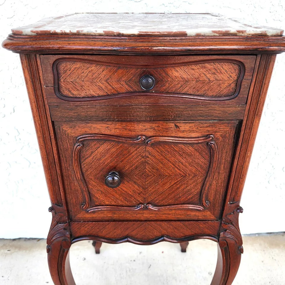 French Bedside Cabinet End Table Walnut & Marble