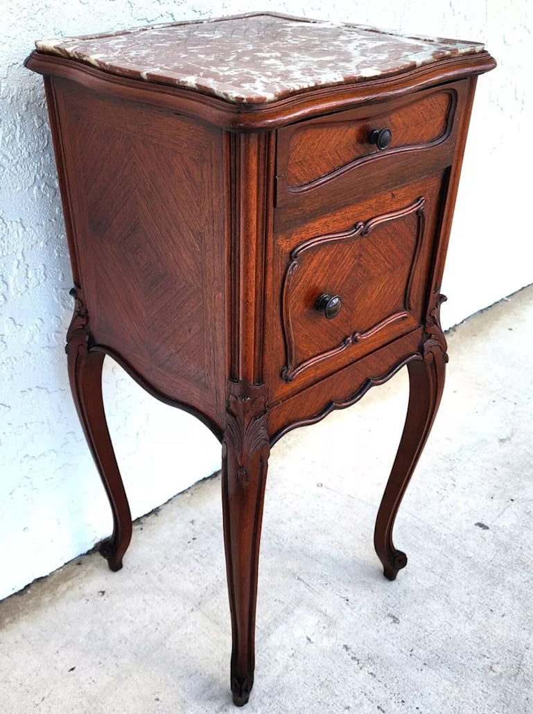 French Bedside Cabinet End Table Walnut & Marble
