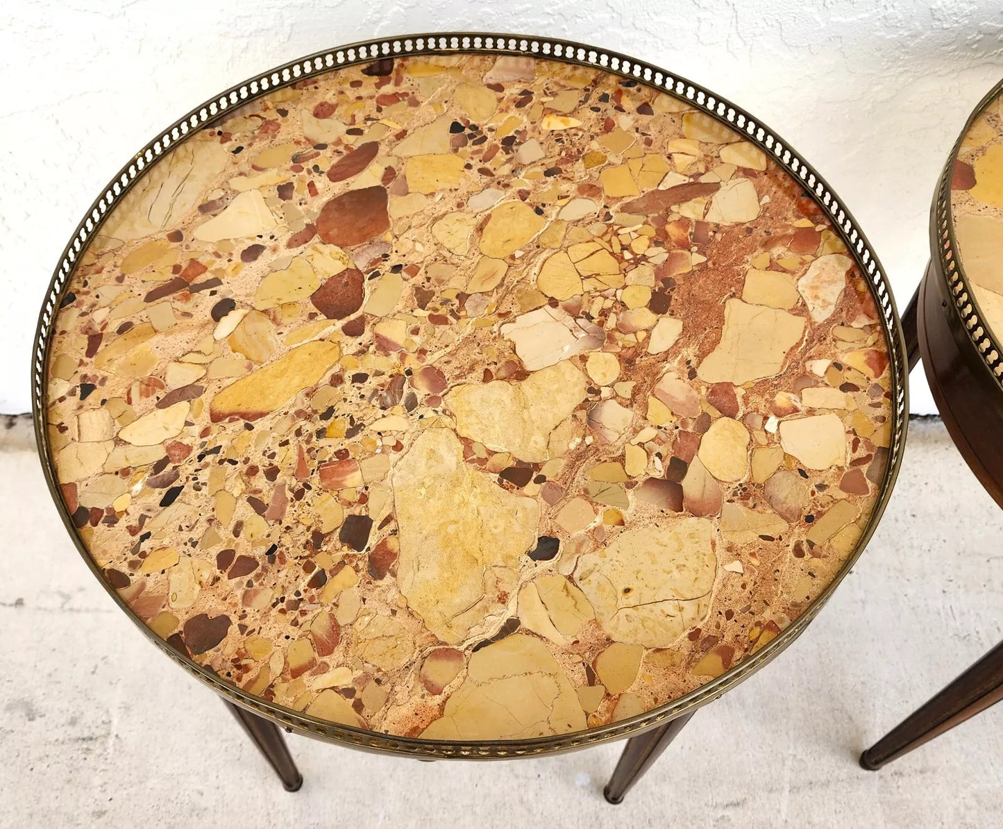 FRENCH BOUILLOTTE TABLES WITH BRECHE D'ALEP MARBLE TOPS Pair