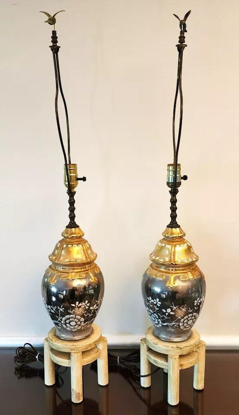Vintage Asian Hummingbird Table Lamps Pair