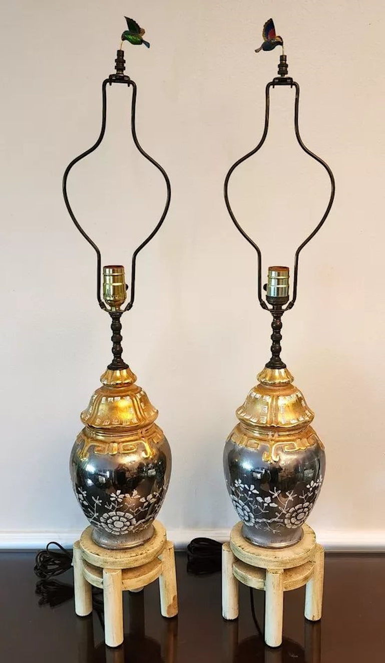 Vintage Asian Hummingbird Table Lamps Pair