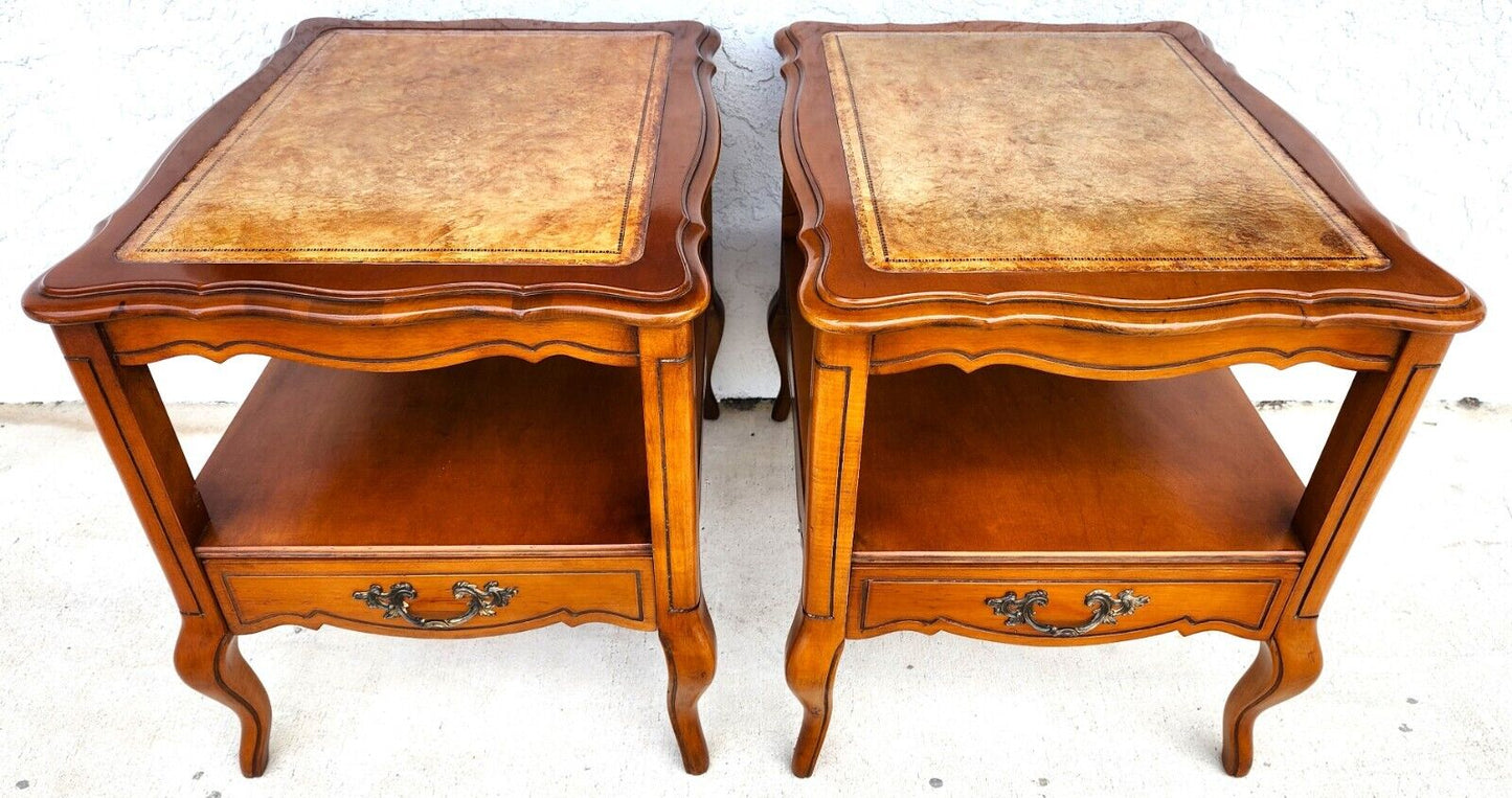 Vintage French Side Tables Walnut Leather Top by HAMMARY