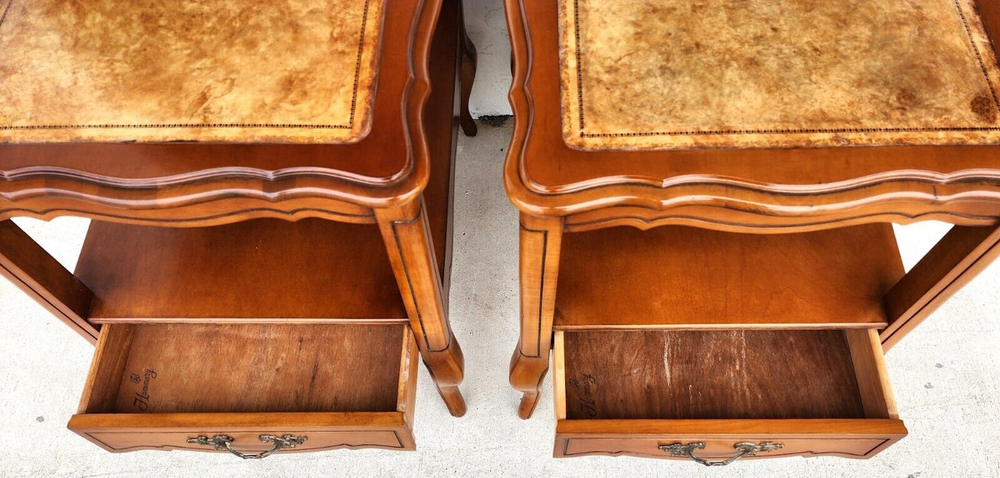 Vintage French Side Tables Walnut Leather Top by HAMMARY