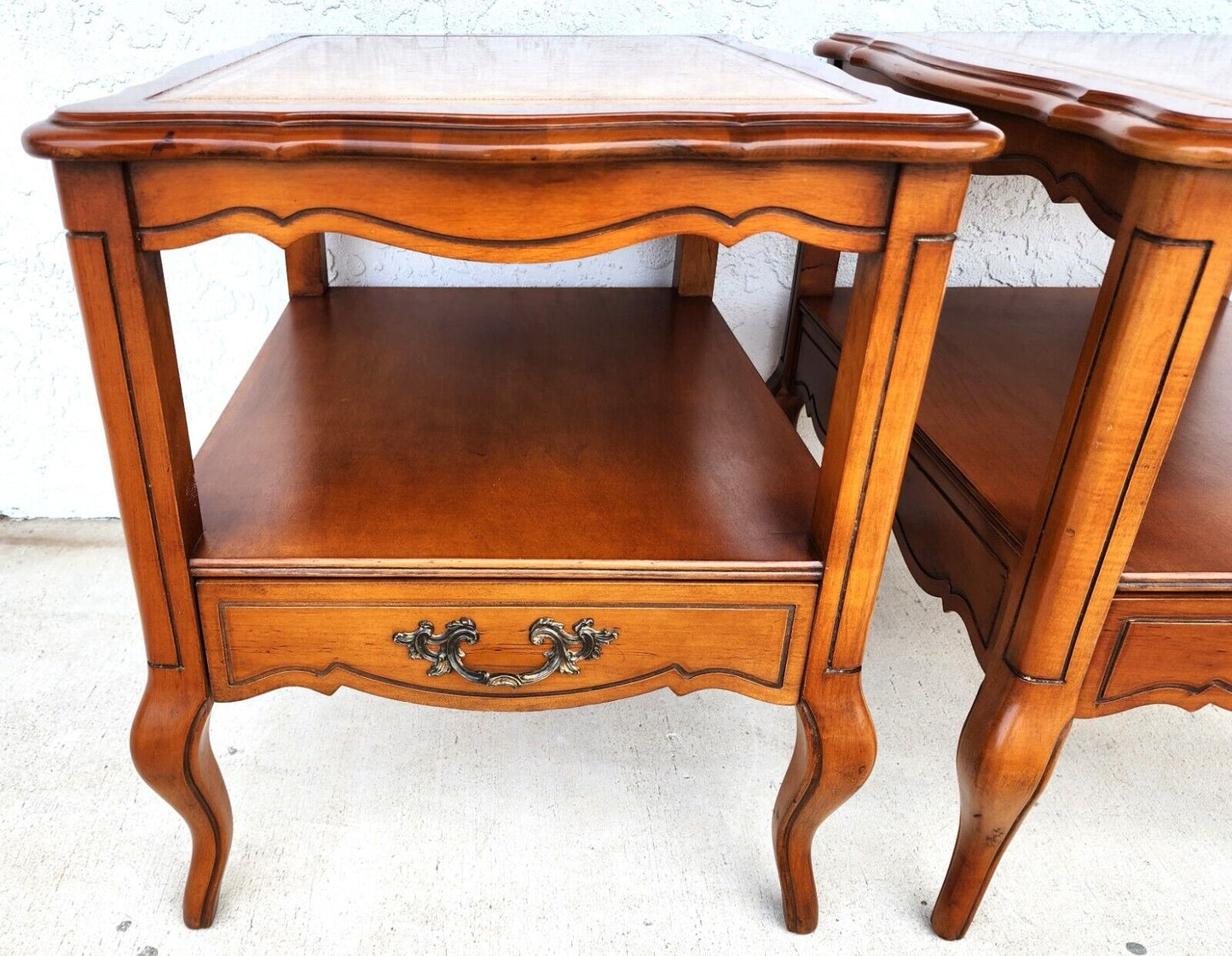 Vintage French Side Tables Walnut Leather Top by HAMMARY