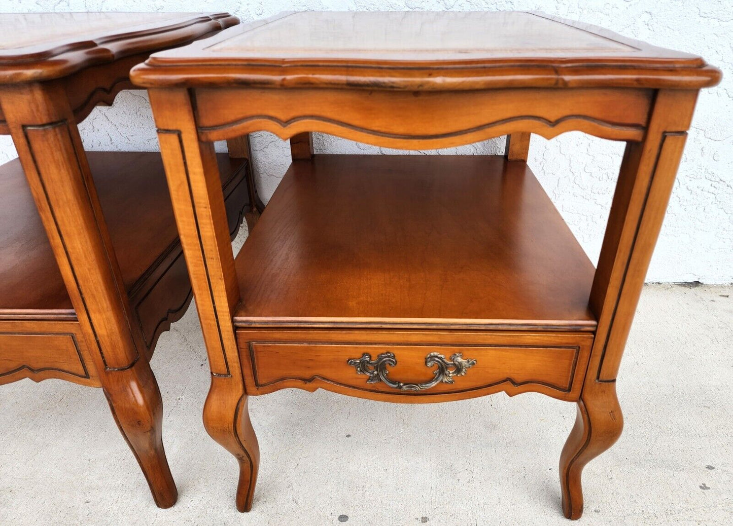 Vintage French Side Tables Walnut Leather Top by HAMMARY