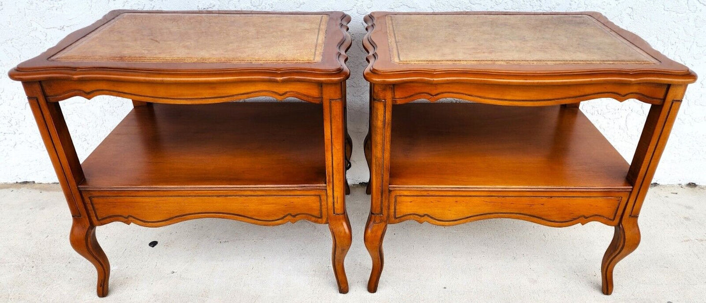 Vintage French Side Tables Walnut Leather Top by HAMMARY