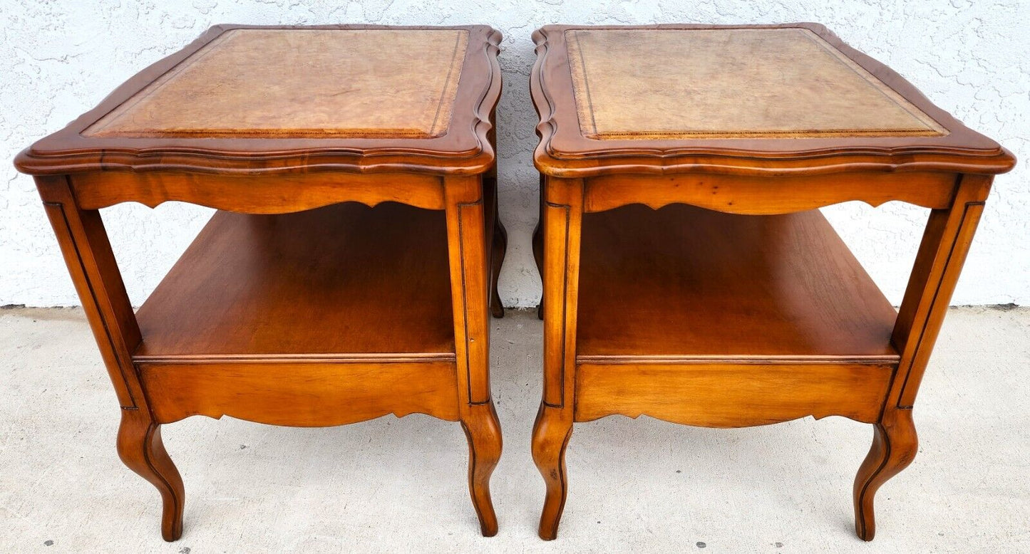 Vintage French Side Tables Walnut Leather Top by HAMMARY