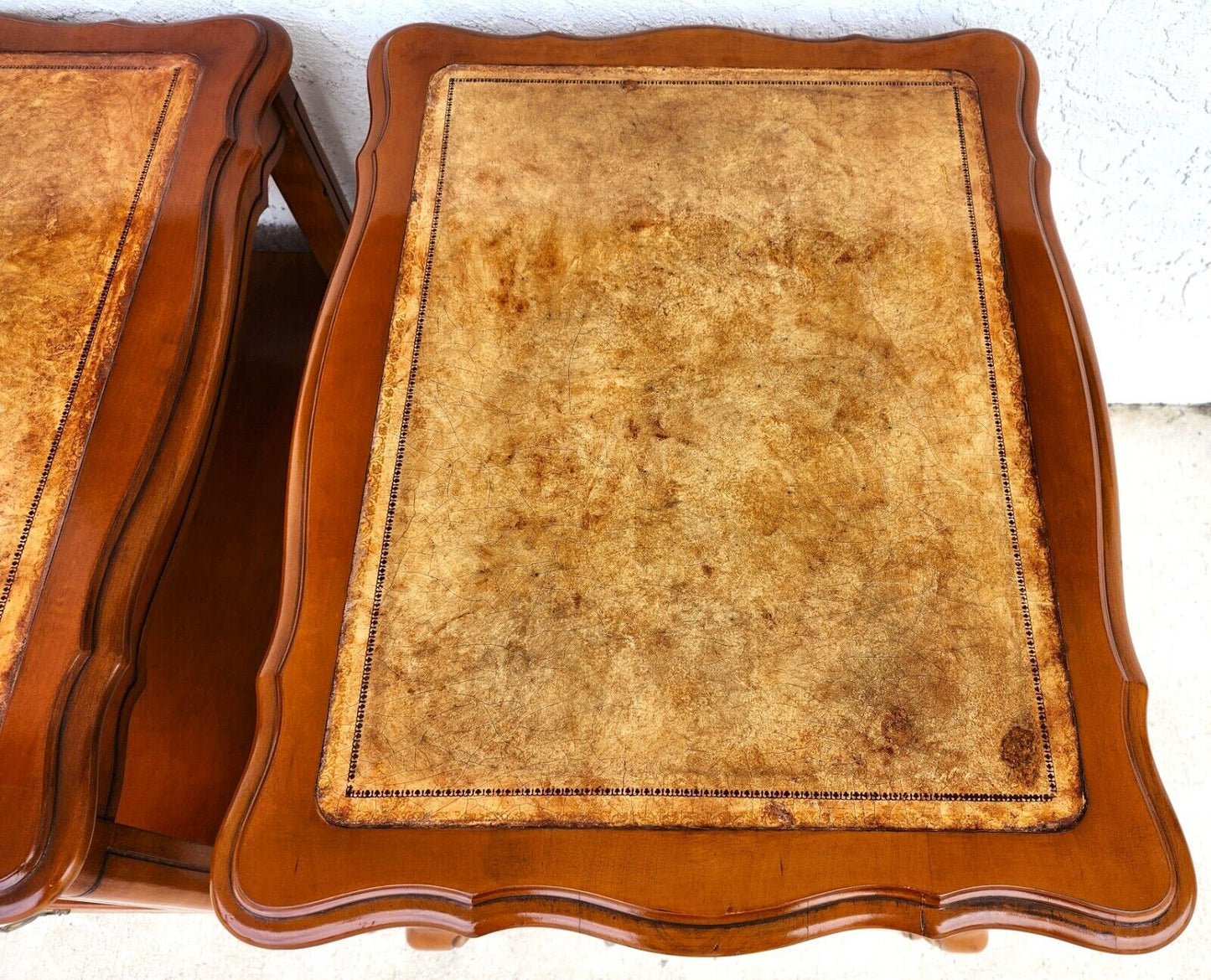 Vintage French Side Tables Walnut Leather Top by HAMMARY