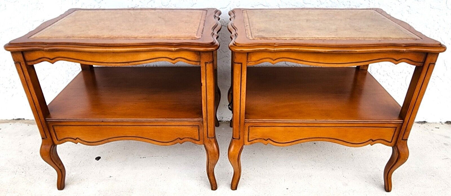 Vintage French Side Tables Walnut Leather Top by HAMMARY