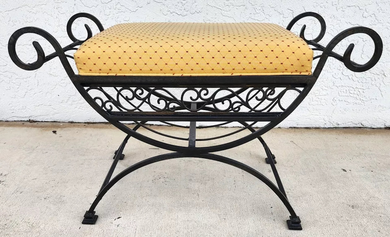 Vintage Italian Scrolled Wrought Iron Vanity Bench