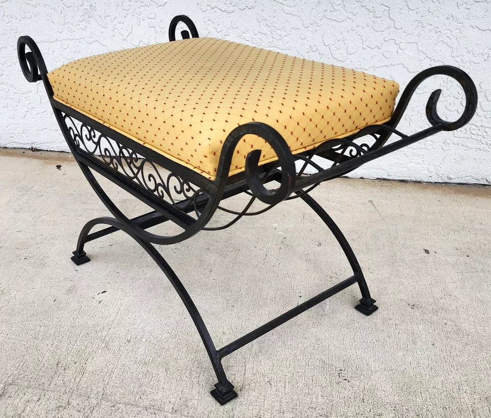 Vintage Italian Scrolled Wrought Iron Vanity Bench