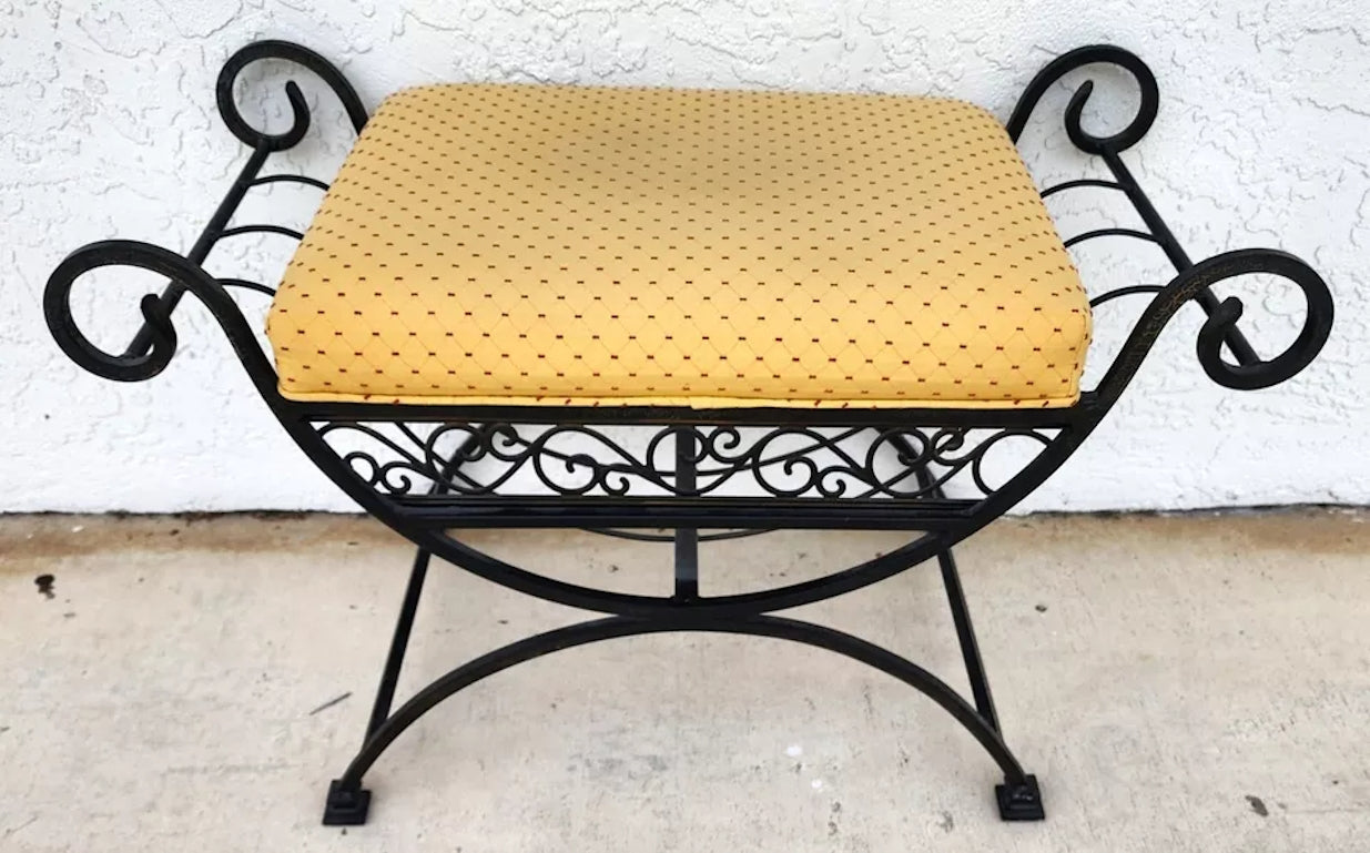Vintage Italian Scrolled Wrought Iron Vanity Bench