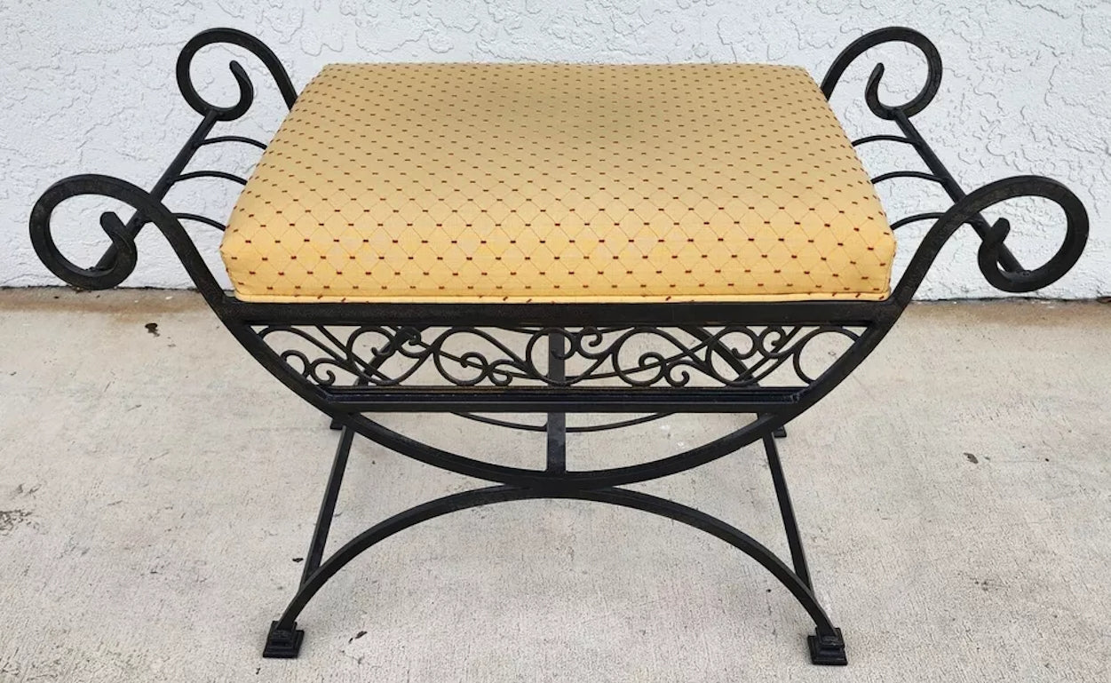Vintage Italian Scrolled Wrought Iron Vanity Bench